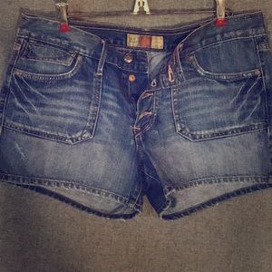 Distressed denim button-fly shorts, size 12